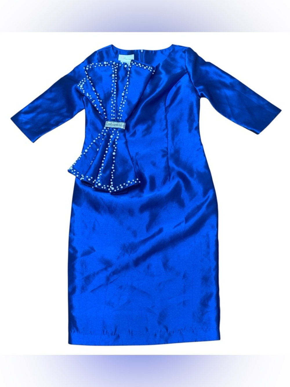 EY Boutique Dress Womens 10 Royal Blue Pearl Beaded 3/4 Sleeve Sheath Elegant